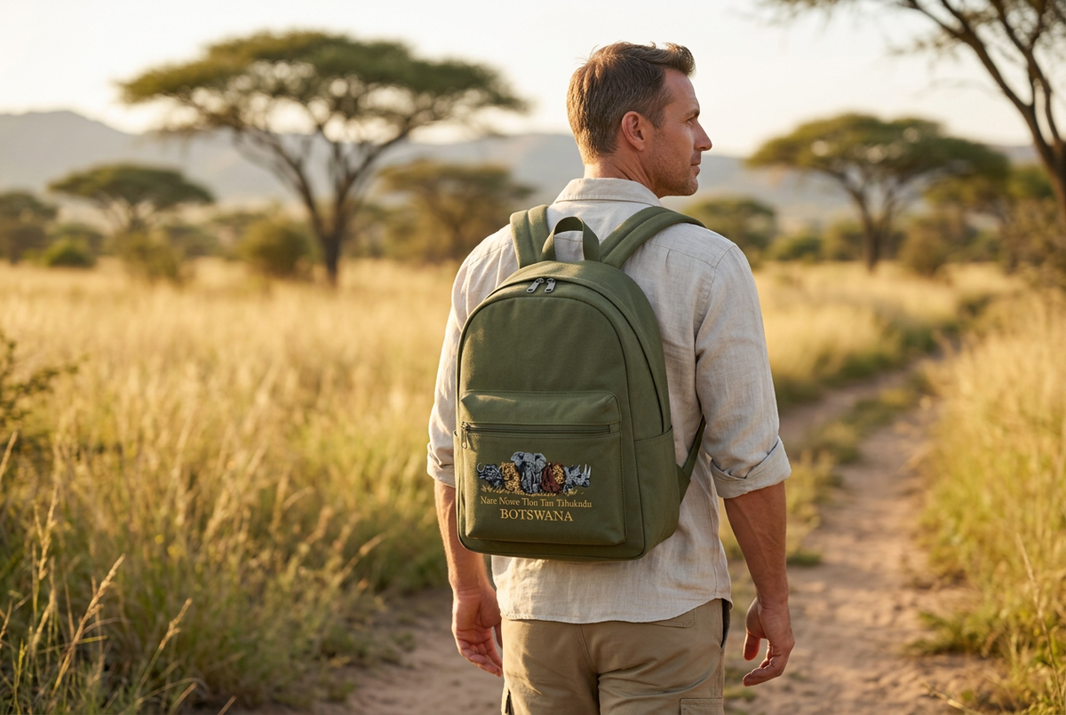 Tourist wearing the olive green Botswana Big Five backpack