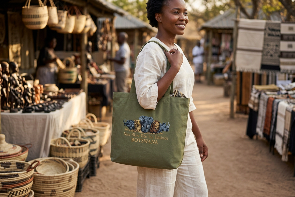 Woman carrying the olive green Botswana Big Five tote at a craft market