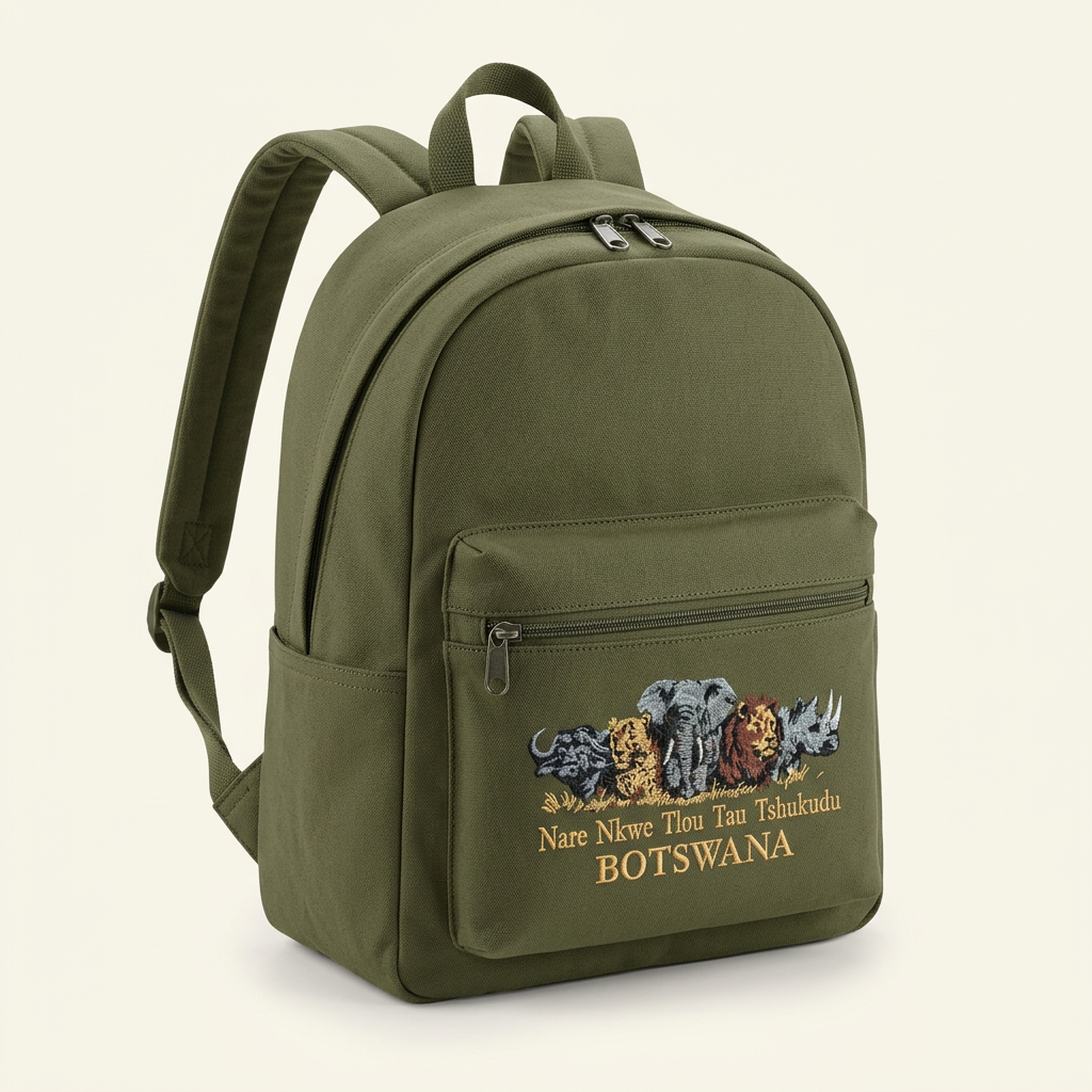 Catalogue-based design mockup of an olive green Botswana Big Five backpack with zipped front pocket.