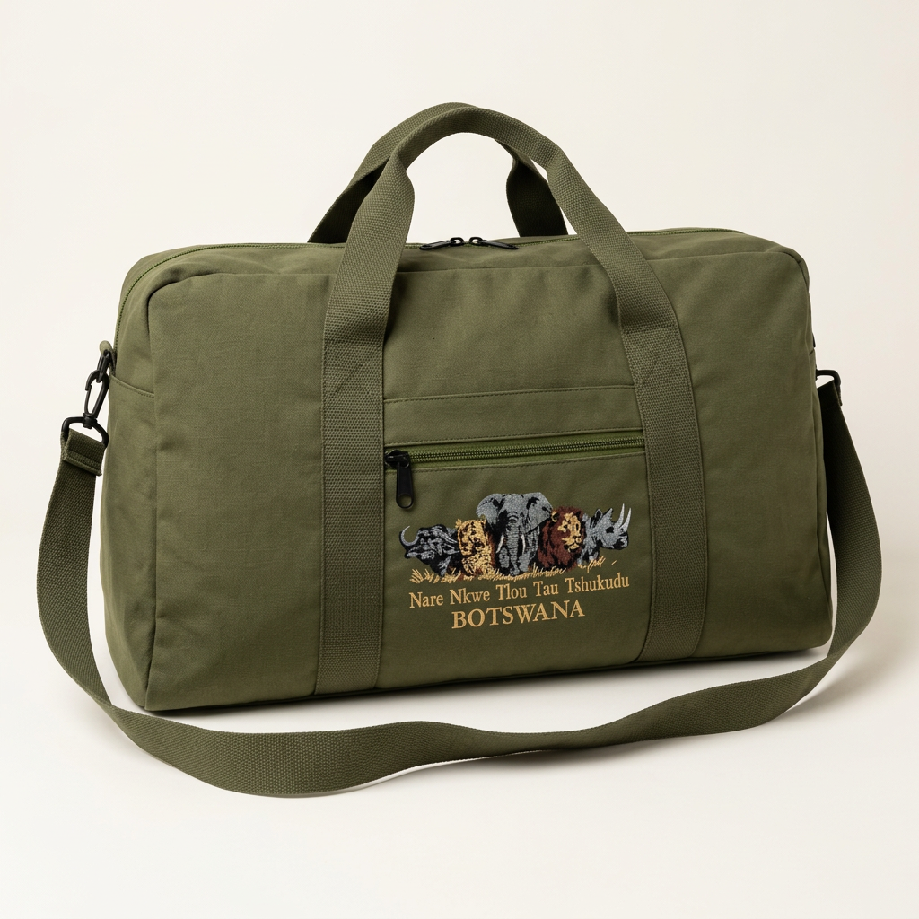 Catalogue-based design mockup of olive green Botswana Big Five travel bag with long shoulder strap and external zipped pocket.