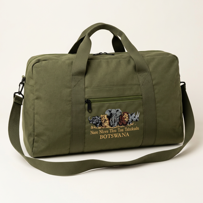 Catalogue-based design mockup of olive green Botswana Big Five travel bag with long shoulder strap and external zipped pocket.