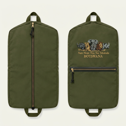 Design mockup showing front and back of olive green Botswana Big Five suit bag with carry handles and zipped pocket.