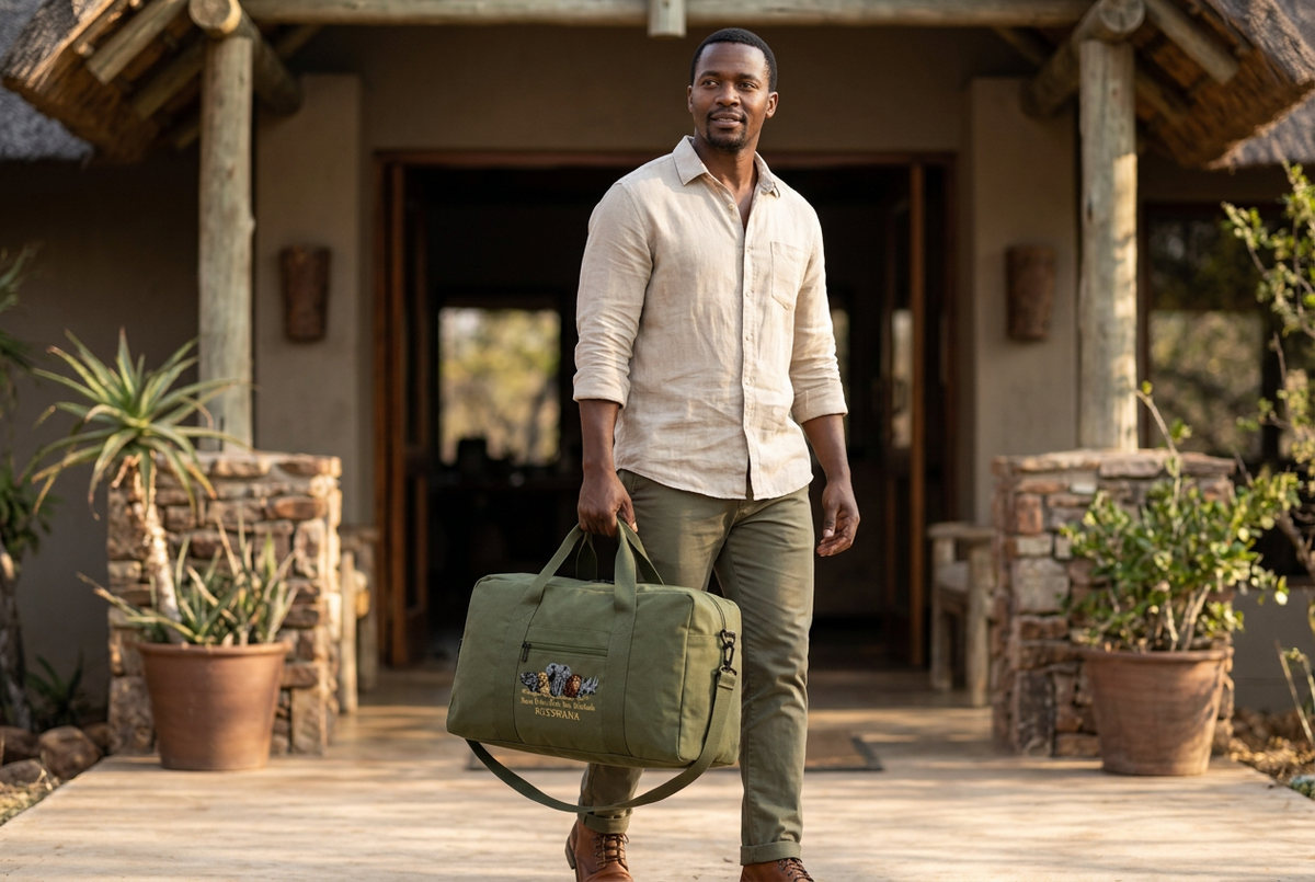 Man carrying the Botswana Big Five travel bag