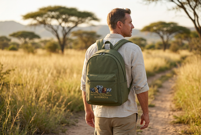 Tourist wearing the olive green Botswana Big Five backpack