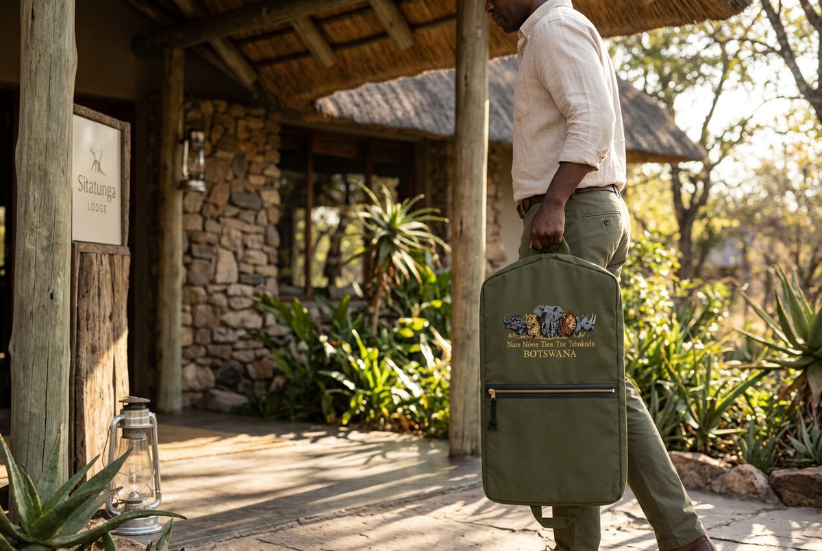 Traveller carrying the olive green Botswana Big Five suit bag at a lodge entrance